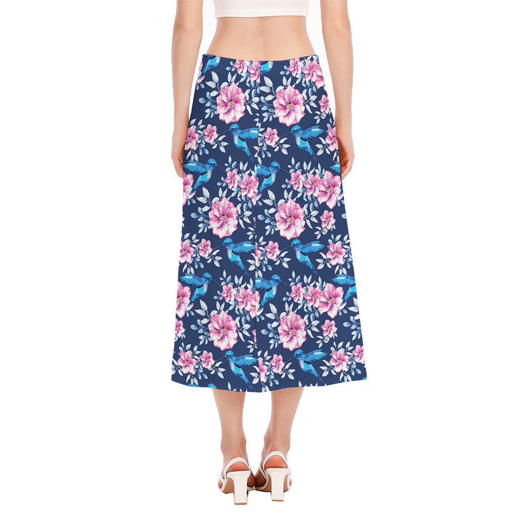 Pink Flowers And Hummingbird Print Side Slit Midi Skirt