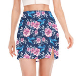 Pink Flowers And Hummingbird Print Side Slit Mini Skirt