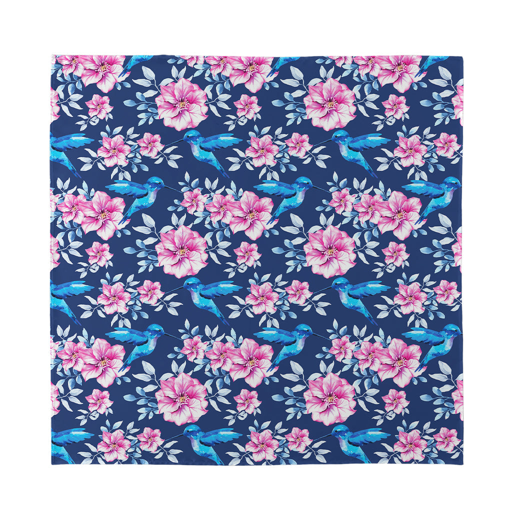 Pink Flowers And Hummingbird Print Silk Bandana