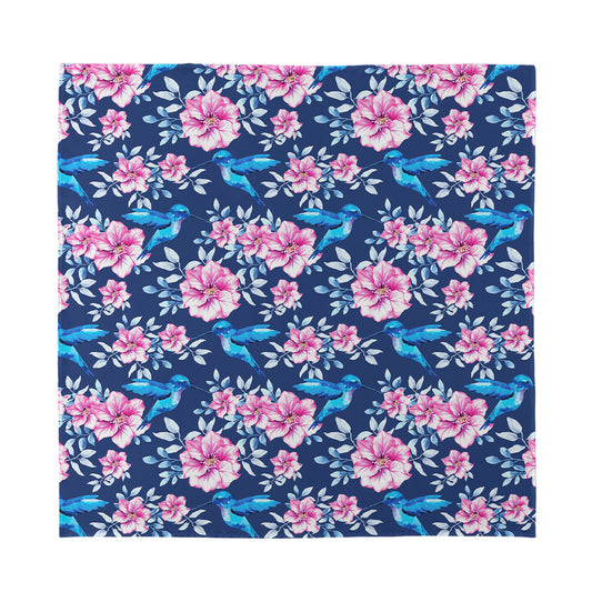 Pink Flowers And Hummingbird Print Silk Bandana