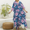 Pink Flowers And Hummingbird Print Silk V-Neck Kaftan Dress