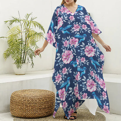 Pink Flowers And Hummingbird Print Silk V-Neck Kaftan Dress