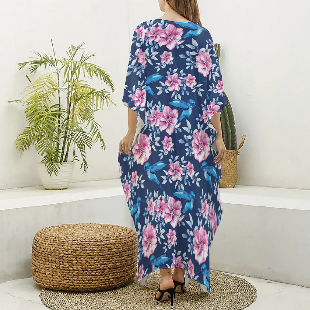 Pink Flowers And Hummingbird Print Silk V-Neck Kaftan Dress