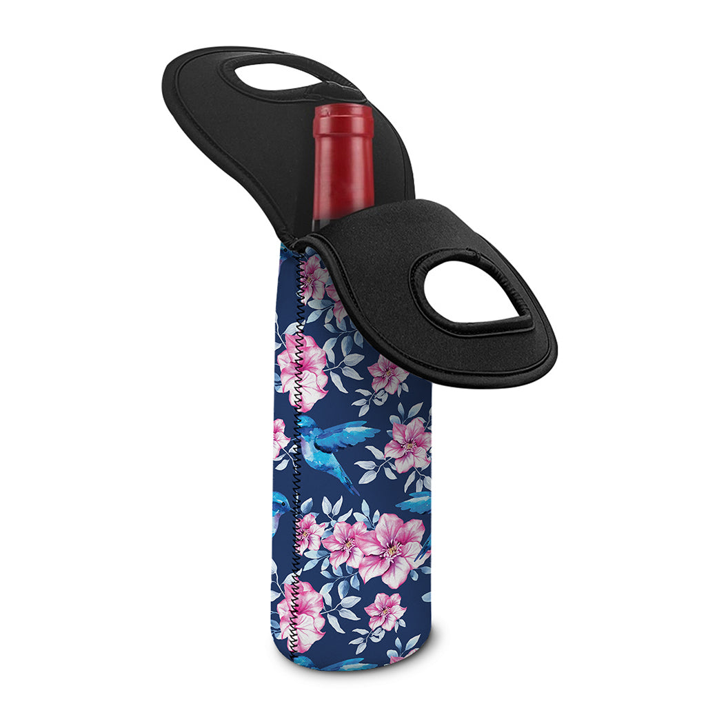 Pink Flowers And Hummingbird Print Single Neoprene Wine Tote