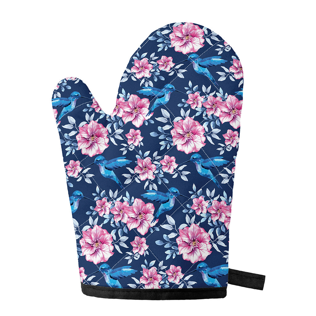Pink Flowers And Hummingbird Print Single Oven Mitt