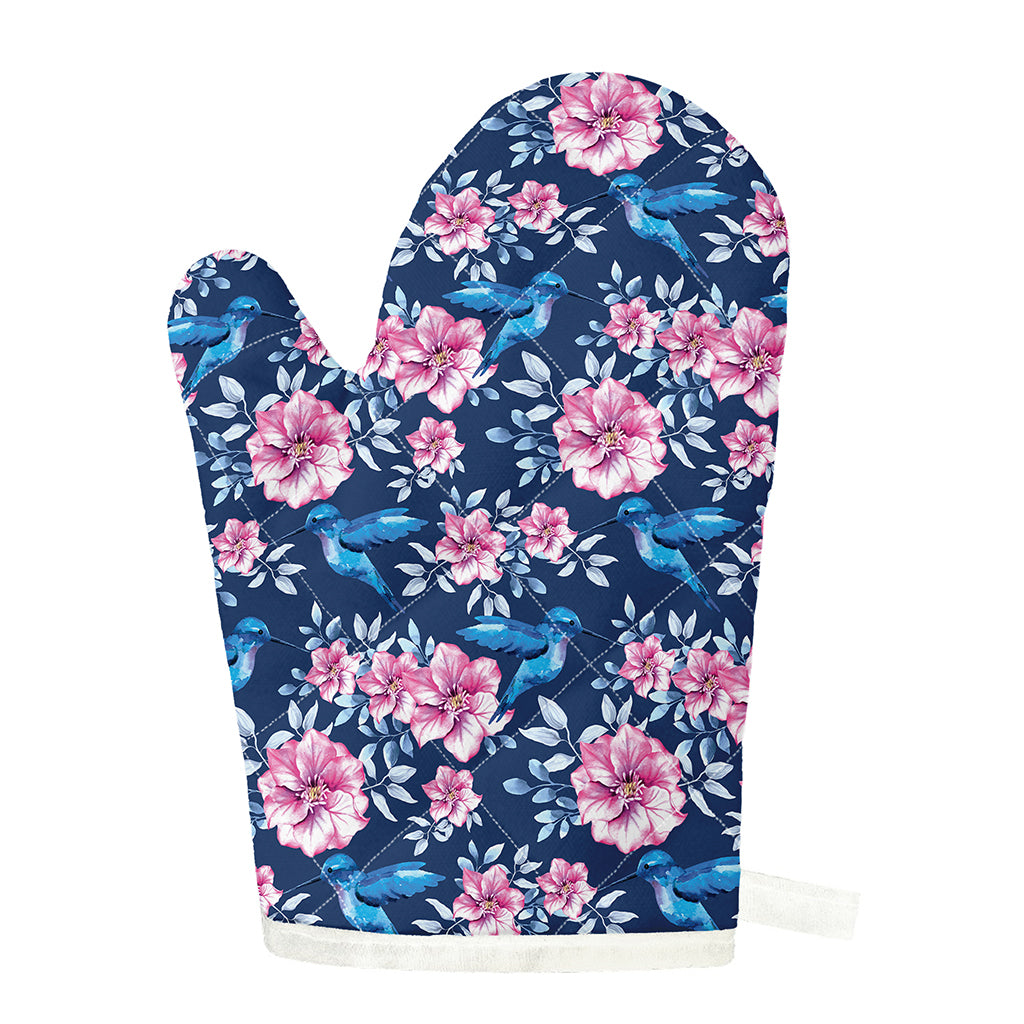Pink Flowers And Hummingbird Print Single Oven Mitt