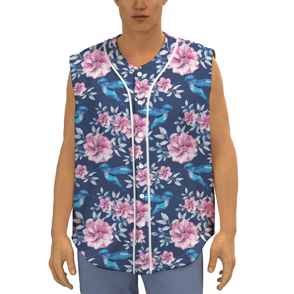Pink Flowers And Hummingbird Print Sleeveless Baseball Jersey