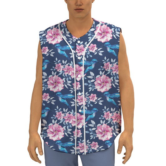 Pink Flowers And Hummingbird Print Sleeveless Baseball Jersey