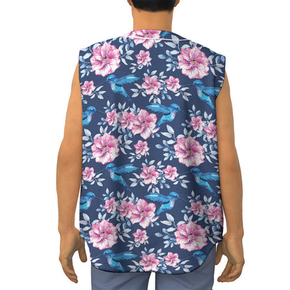 Pink Flowers And Hummingbird Print Sleeveless Baseball Jersey