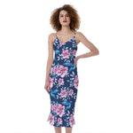 Pink Flowers And Hummingbird Print Slim Fit Midi Cami Dress