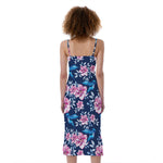 Pink Flowers And Hummingbird Print Slim Fit Midi Cami Dress