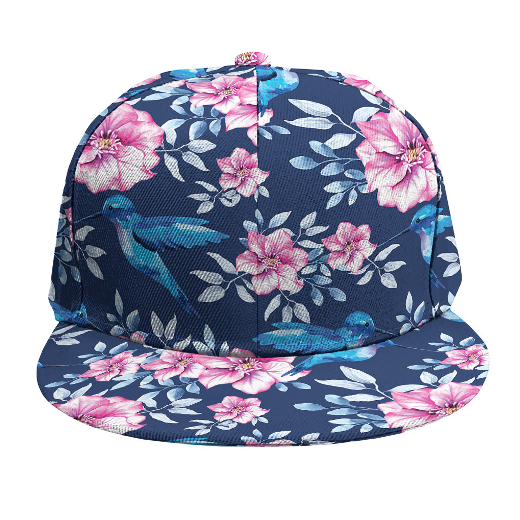 Pink Flowers And Hummingbird Print Snapback Cap