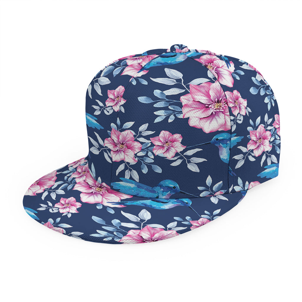 Pink Flowers And Hummingbird Print Snapback Cap