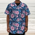 Pink Flowers And Hummingbird Print Textured Short Sleeve Shirt