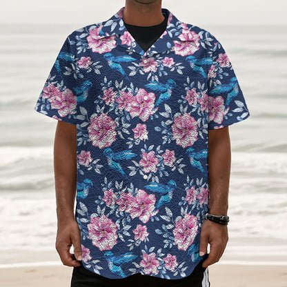 Pink Flowers And Hummingbird Print Textured Short Sleeve Shirt
