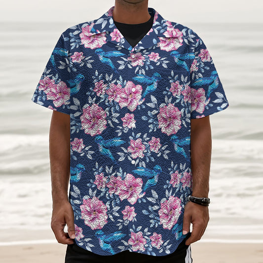Pink Flowers And Hummingbird Print Textured Short Sleeve Shirt
