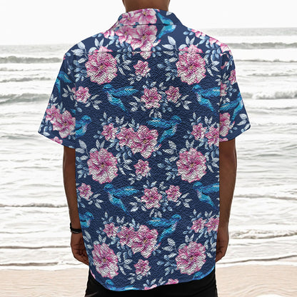 Pink Flowers And Hummingbird Print Textured Short Sleeve Shirt