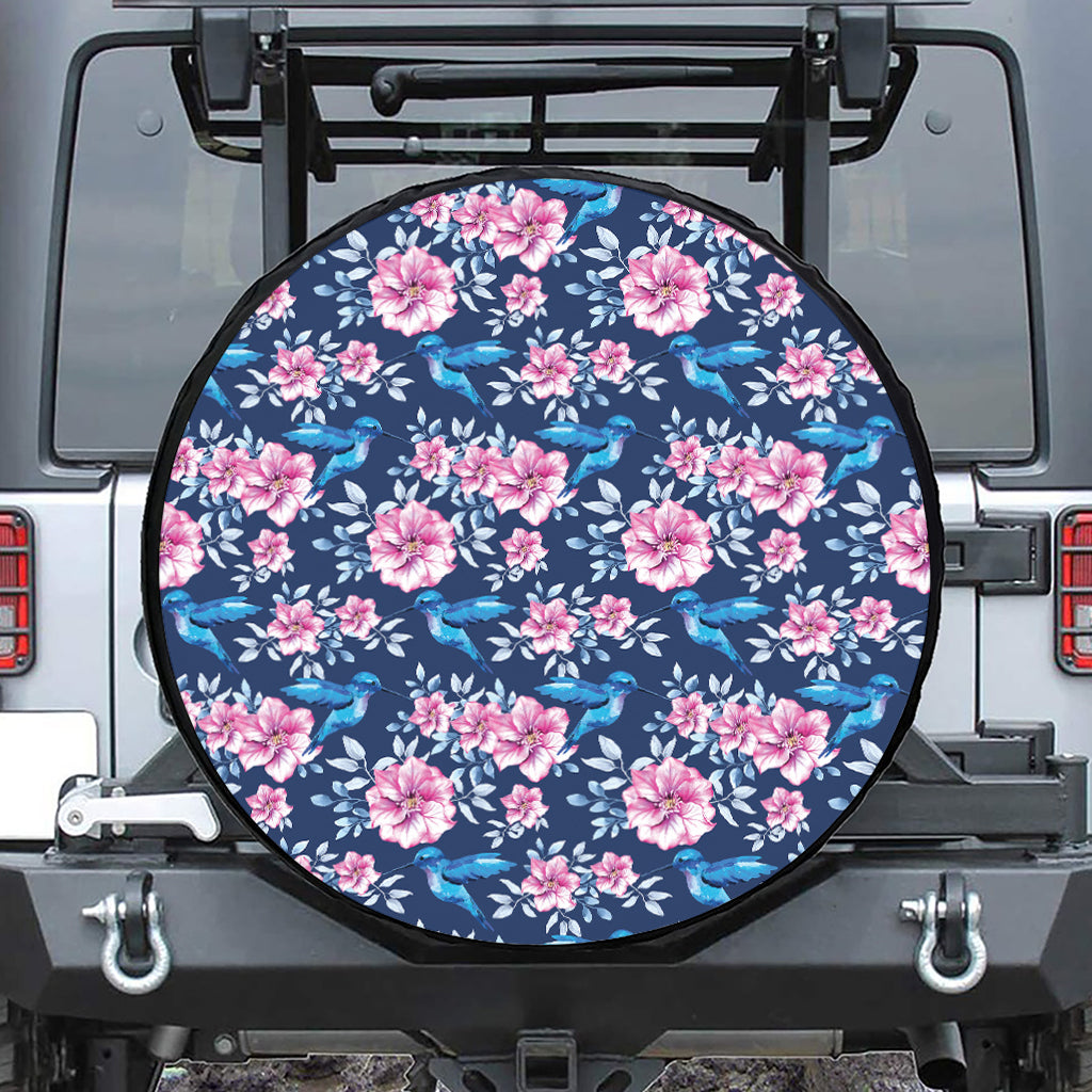 Pink Flowers And Hummingbird Print Tire Cover