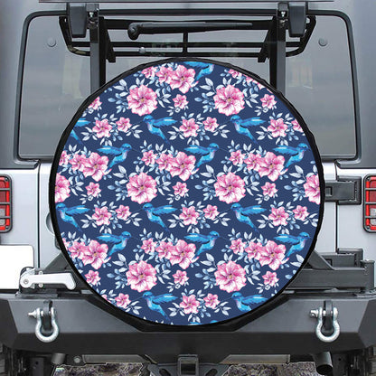 Pink Flowers And Hummingbird Print Tire Cover