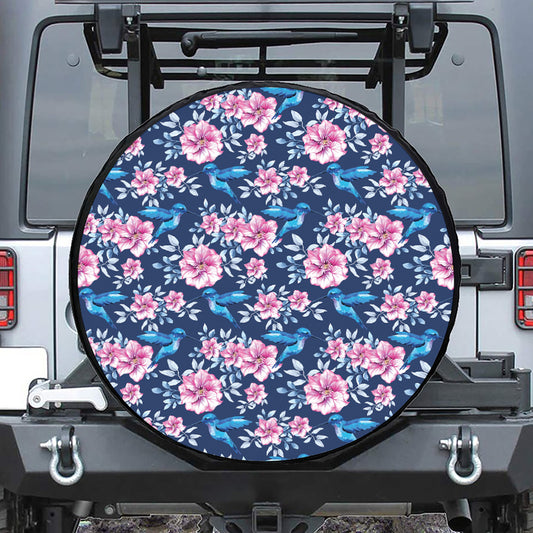 Pink Flowers And Hummingbird Print Tire Cover