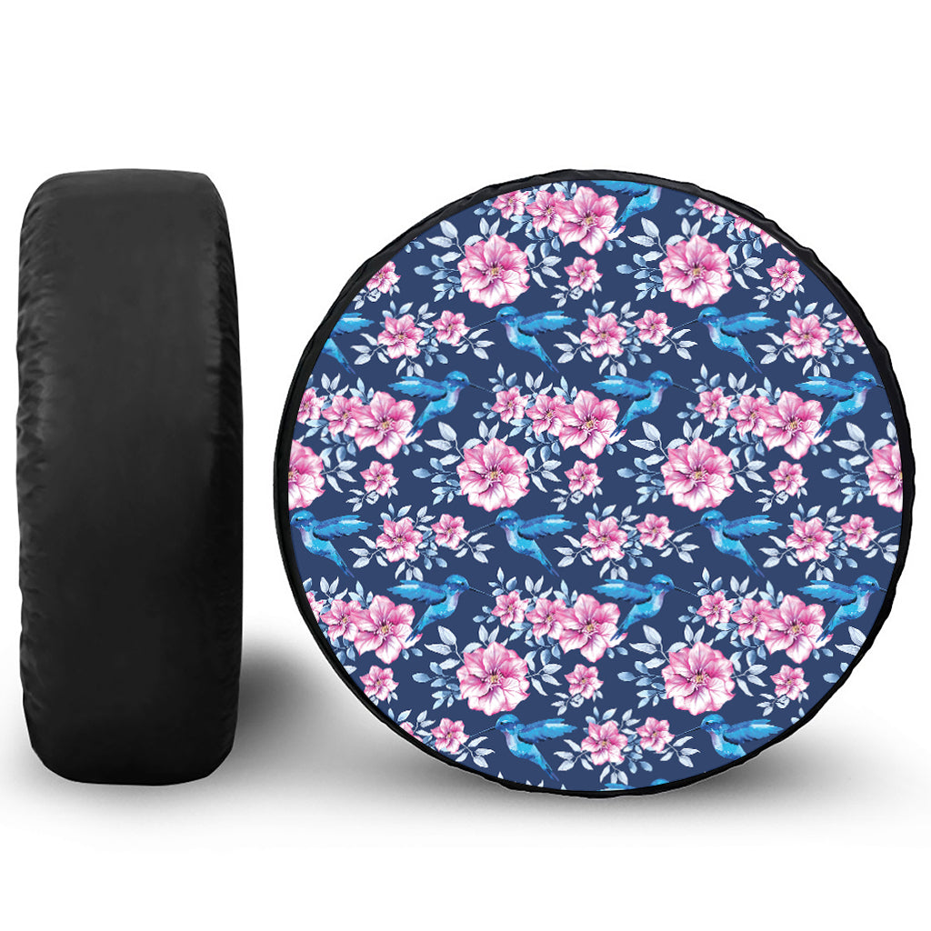 Pink Flowers And Hummingbird Print Tire Cover