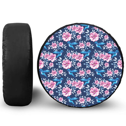 Pink Flowers And Hummingbird Print Tire Cover