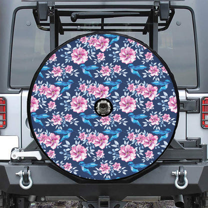 Pink Flowers And Hummingbird Print Tire Cover With Camera Hole