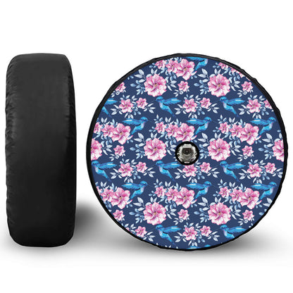 Pink Flowers And Hummingbird Print Tire Cover With Camera Hole