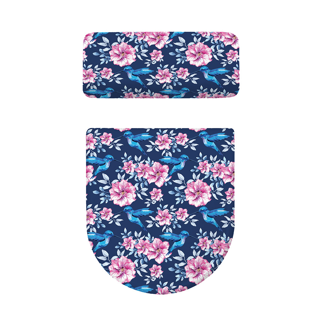 Pink Flowers And Hummingbird Print Toilet Lid And Tank Cover Set