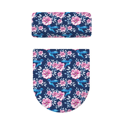 Pink Flowers And Hummingbird Print Toilet Lid And Tank Cover Set