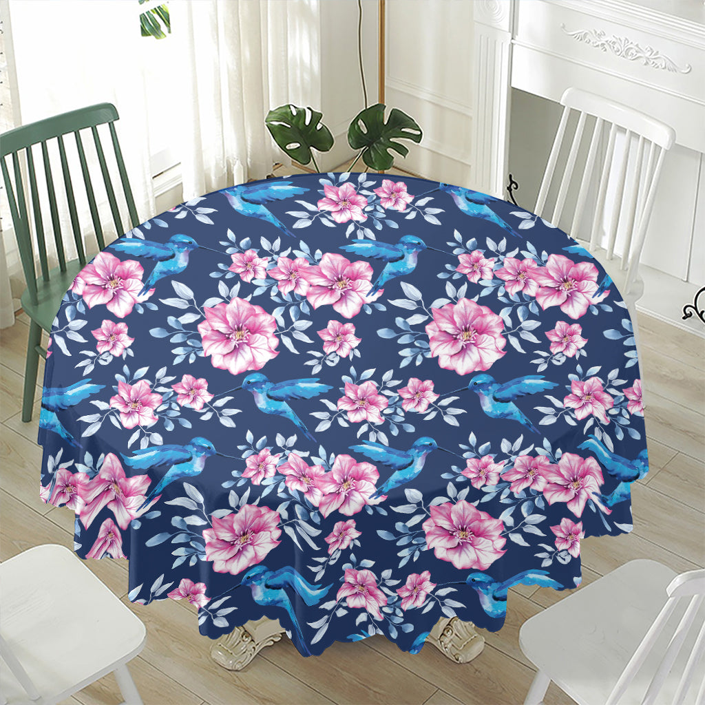 Pink Flowers And Hummingbird Print Waterproof Round Tablecloth