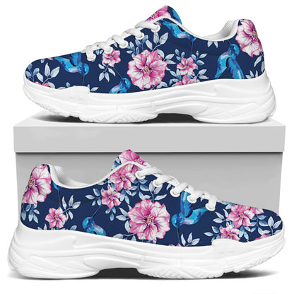 Pink Flowers And Hummingbird Print White Chunky Shoes