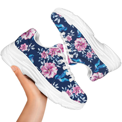 Pink Flowers And Hummingbird Print White Chunky Shoes