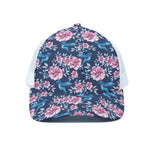 Pink Flowers And Hummingbird Print White Mesh Trucker Cap