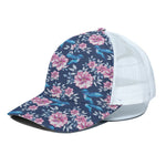 Pink Flowers And Hummingbird Print White Mesh Trucker Cap