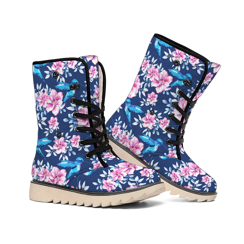 Pink Flowers And Hummingbird Print Winter Boots
