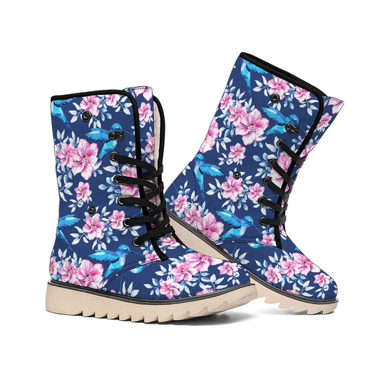 Pink Flowers And Hummingbird Print Winter Boots