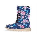 Pink Flowers And Hummingbird Print Winter Boots