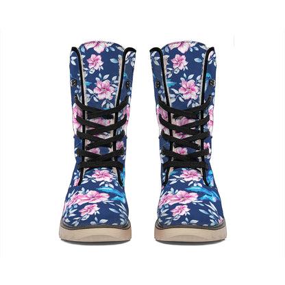 Pink Flowers And Hummingbird Print Winter Boots