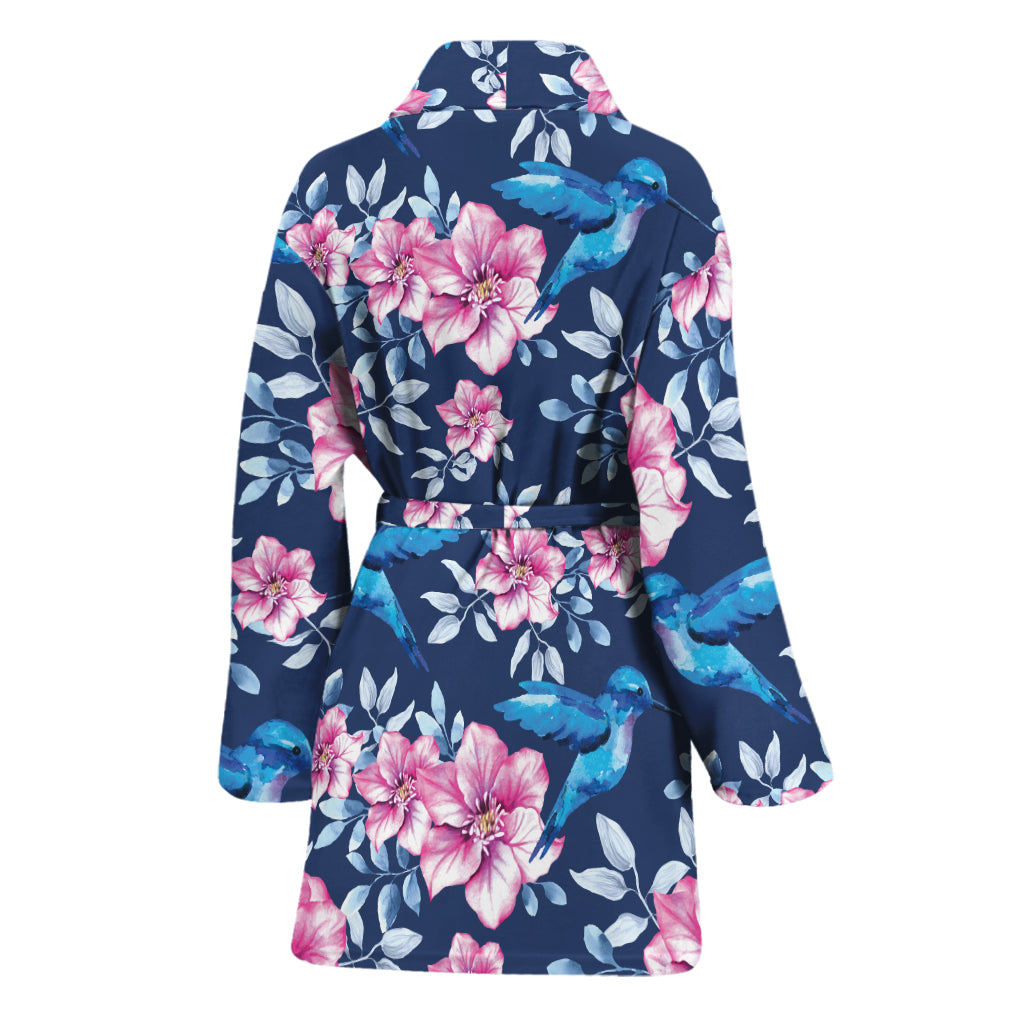Pink Flowers And Hummingbird Print Women's Bathrobe