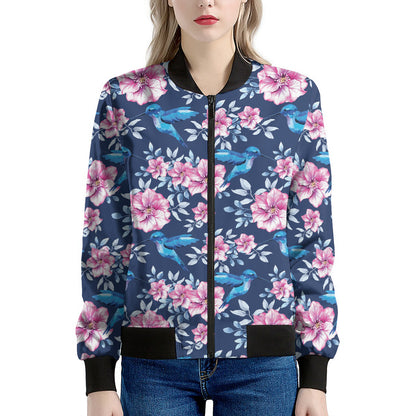 Pink Flowers And Hummingbird Print Women's Bomber Jacket