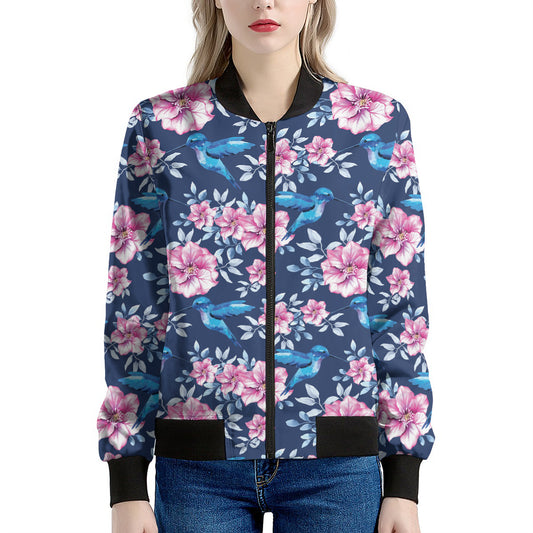Pink Flowers And Hummingbird Print Women's Bomber Jacket