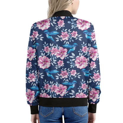Pink Flowers And Hummingbird Print Women's Bomber Jacket