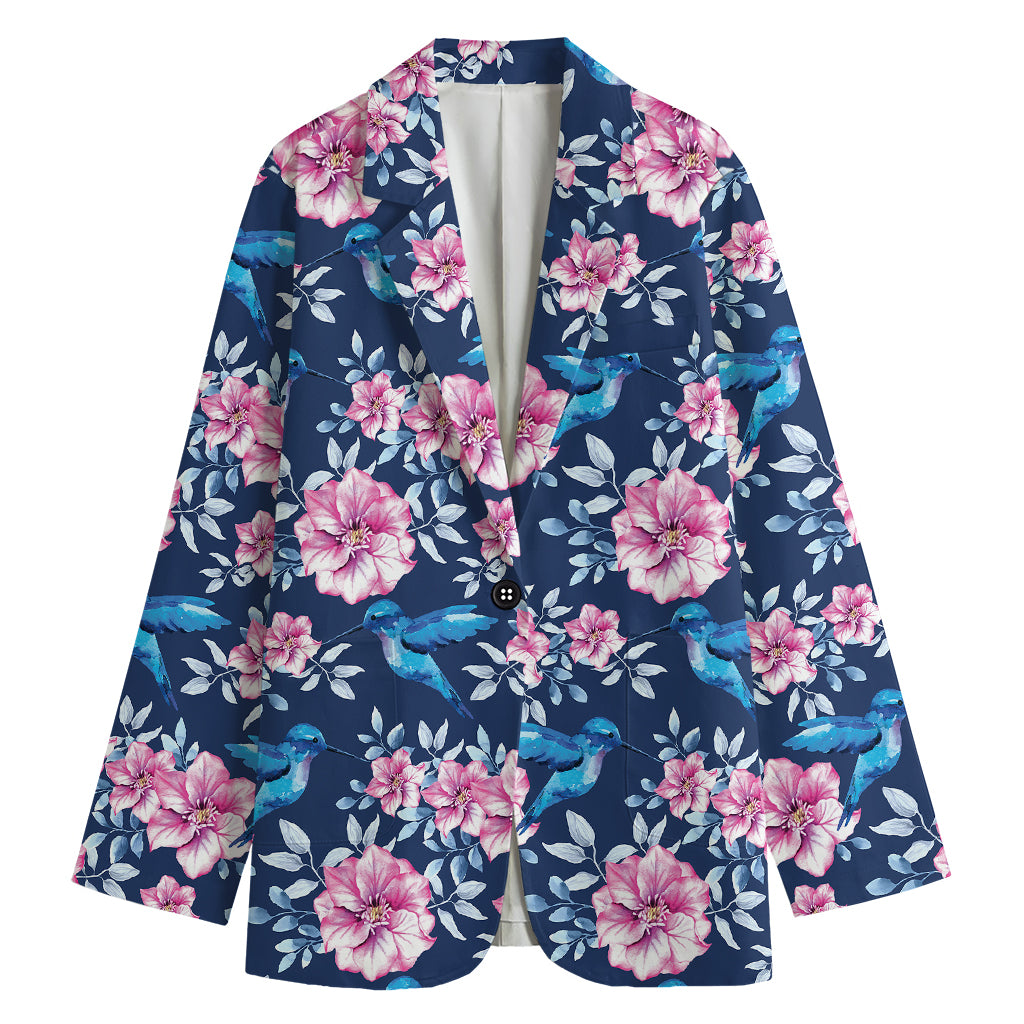 Pink Flowers And Hummingbird Print Women's Cotton Blazer