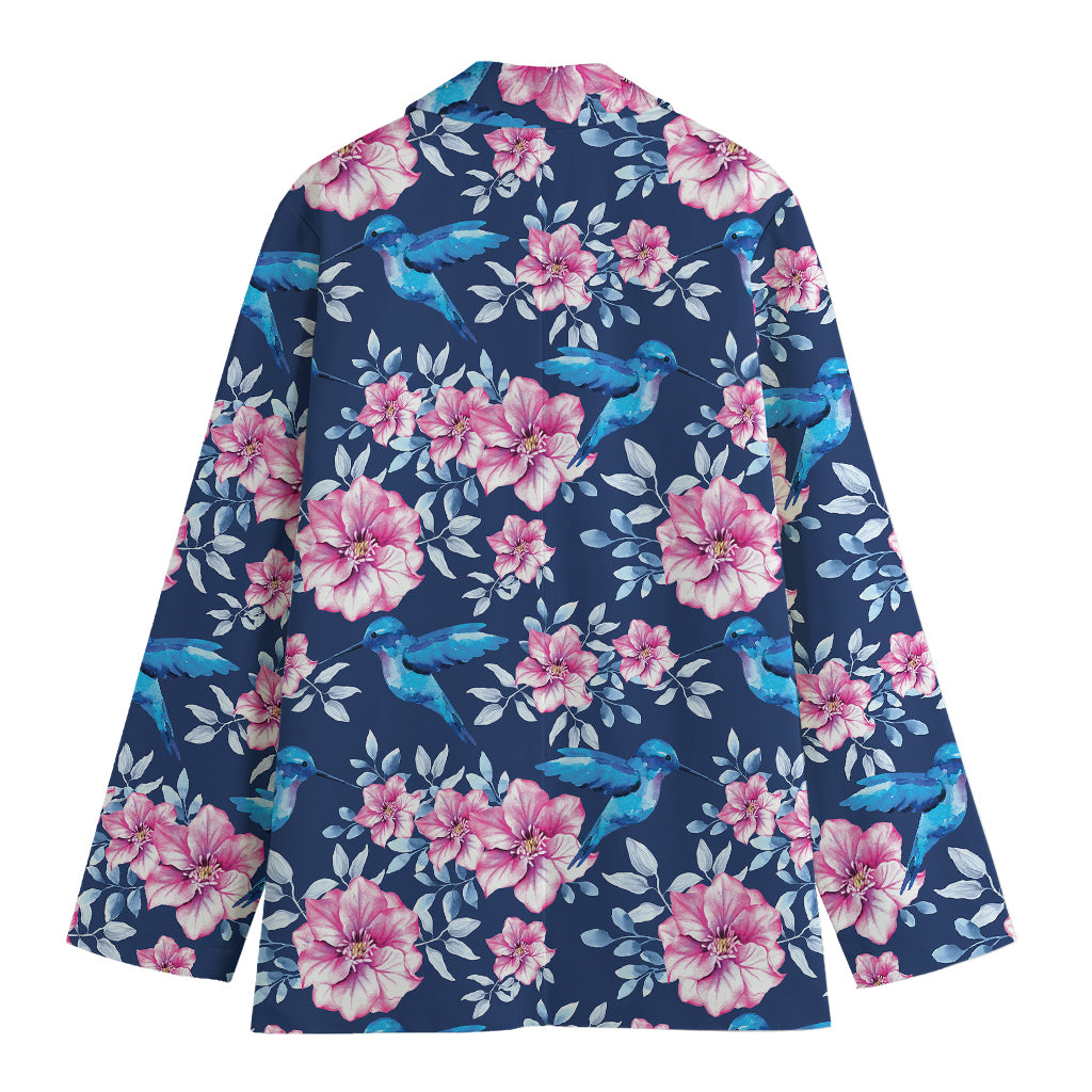 Pink Flowers And Hummingbird Print Women's Cotton Blazer