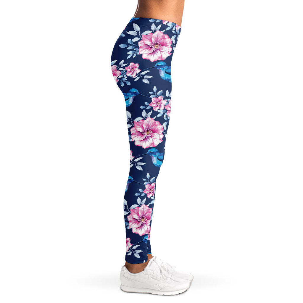 Pink Flowers And Hummingbird Print Women's Leggings