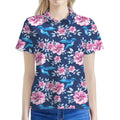 Pink Flowers And Hummingbird Print Women's Polo Shirt
