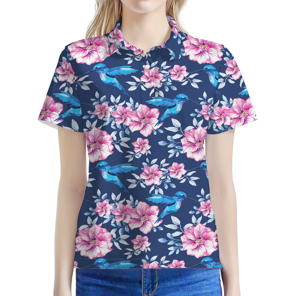 Pink Flowers And Hummingbird Print Women's Polo Shirt