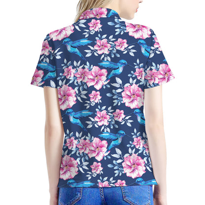 Pink Flowers And Hummingbird Print Women's Polo Shirt