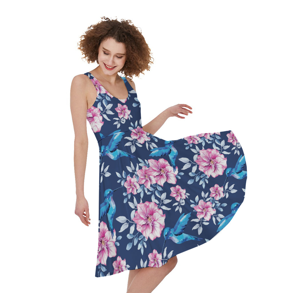 Pink Flowers And Hummingbird Print Women's Sleeveless Dress